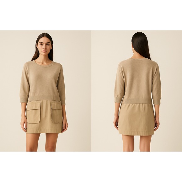 Peace of Cloth Sweaters - Peace of Cloth L Beige Mixed Media Sweater‎ Tunic Dress Cargo Pockets Cashmere